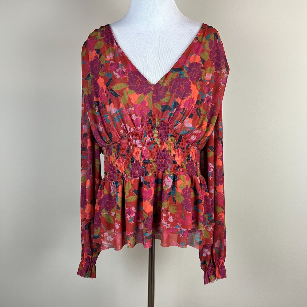 DR2 Babydoll Blouse Womens XL Smocked Waist Peplum Stretch Floral Peasant Boho